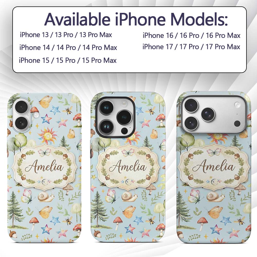 Watercolor Forest Animals Deer Owl Mushrooms Custom Name Protective Phone Case Mobile Cover Durable Everyday Smartphone Shock Resistant