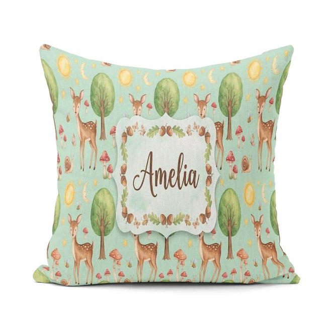 Custom Name Watercolor Animals Deer Owl Mushrooms Stars Seamless Square Filled Cushion Throw Pillow Sofa Bed Home Decor Zip Washable UK Made