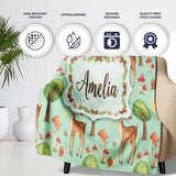 Watercolor Forest Animals Deer Owl Mushrooms Stars Seamless Pattern  Personalised Custom Name Super Soft Fleece Blanket Bed Sofa Throw