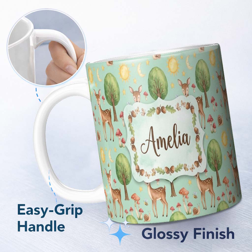 Personalized Custom Name Watercolor Forest Animals Deer Owl Mushrooms Stars Seamless Pattern 11oz Ceramic Coffee Tea Mug White Large Handle