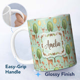 Personalized Custom Name Watercolor Forest Animals Deer Owl Mushrooms Stars Seamless Pattern 11oz Ceramic Coffee Tea Mug White Large Handle