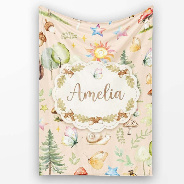 Watercolor Forest Animal Deer Owl Mushrooms Stars Seamless Pattern  Personalised Custom Name Super Soft Fleece Blanket Bed Sofa Throw