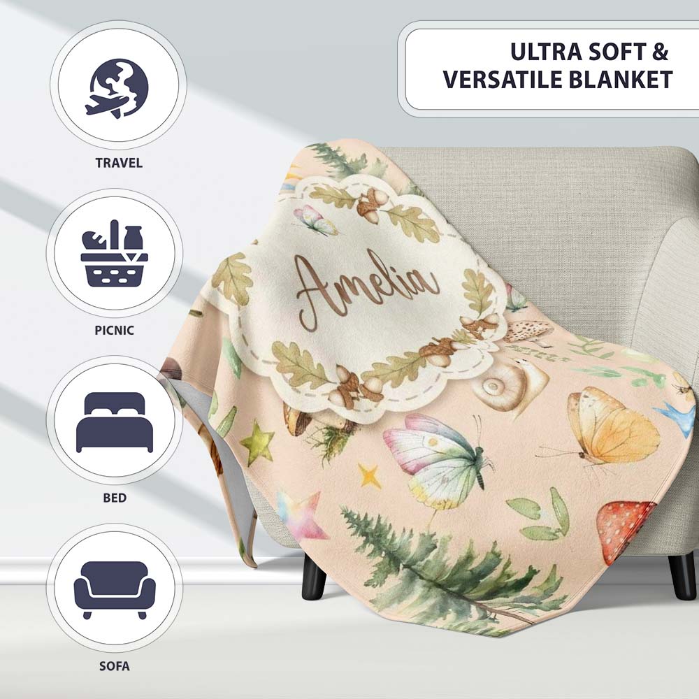 Watercolor Forest Animal Deer Owl Mushrooms Stars Seamless Pattern  Personalised Custom Name Super Soft Fleece Blanket Bed Sofa Throw