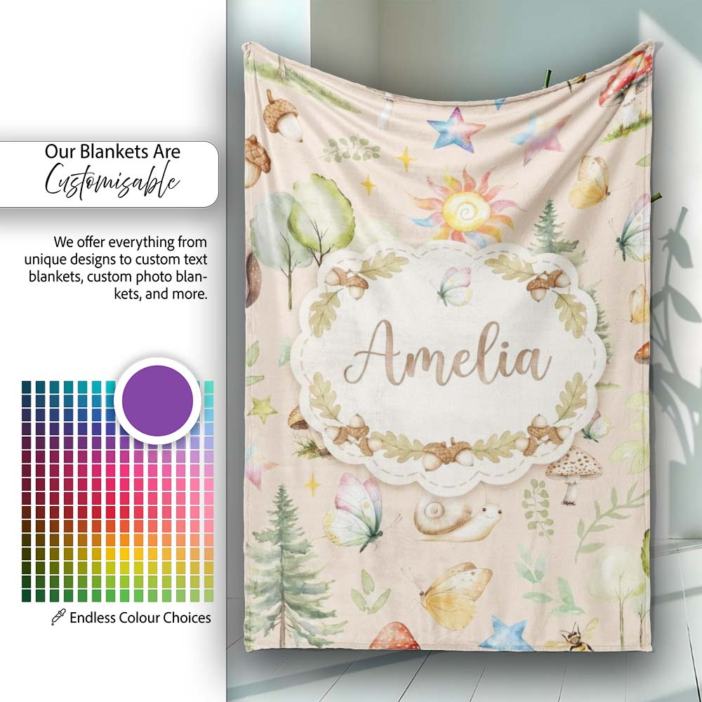 Watercolor Forest Animal Deer Owl Mushrooms Stars Seamless Pattern  Personalised Custom Name Super Soft Fleece Blanket Bed Sofa Throw