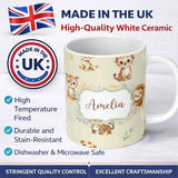 Personalized Custom Name Baby Safari Animals Leopard Tiger Lion on Soft Cream Seamless 11oz Ceramic Coffee Tea Mug White Large Handle
