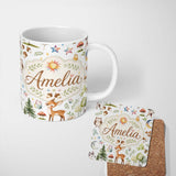 Personalized Custom Name Watercolor Forest Animals Deer Owl Mushrooms Stars Seamless Pattern 11oz Ceramic Coffee Tea Mug White Large Handle