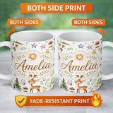 Personalized Custom Name Watercolor Forest Animals Deer Owl Mushrooms Stars Seamless Pattern 11oz Ceramic Coffee Tea Mug White Large Handle