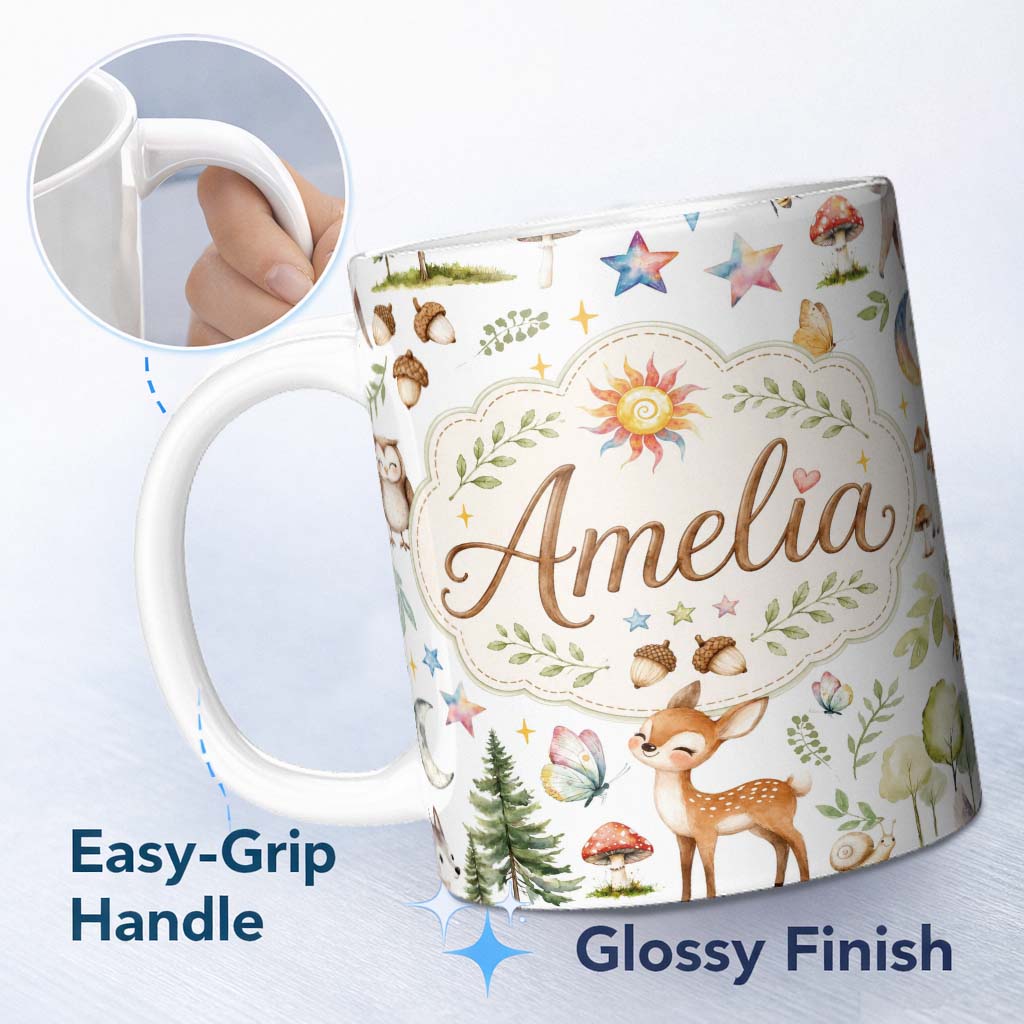 Personalized Custom Name Watercolor Forest Animals Deer Owl Mushrooms Stars Seamless Pattern 11oz Ceramic Coffee Tea Mug White Large Handle