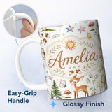 Personalized Custom Name Watercolor Forest Animals Deer Owl Mushrooms Stars Seamless Pattern 11oz Ceramic Coffee Tea Mug White Large Handle