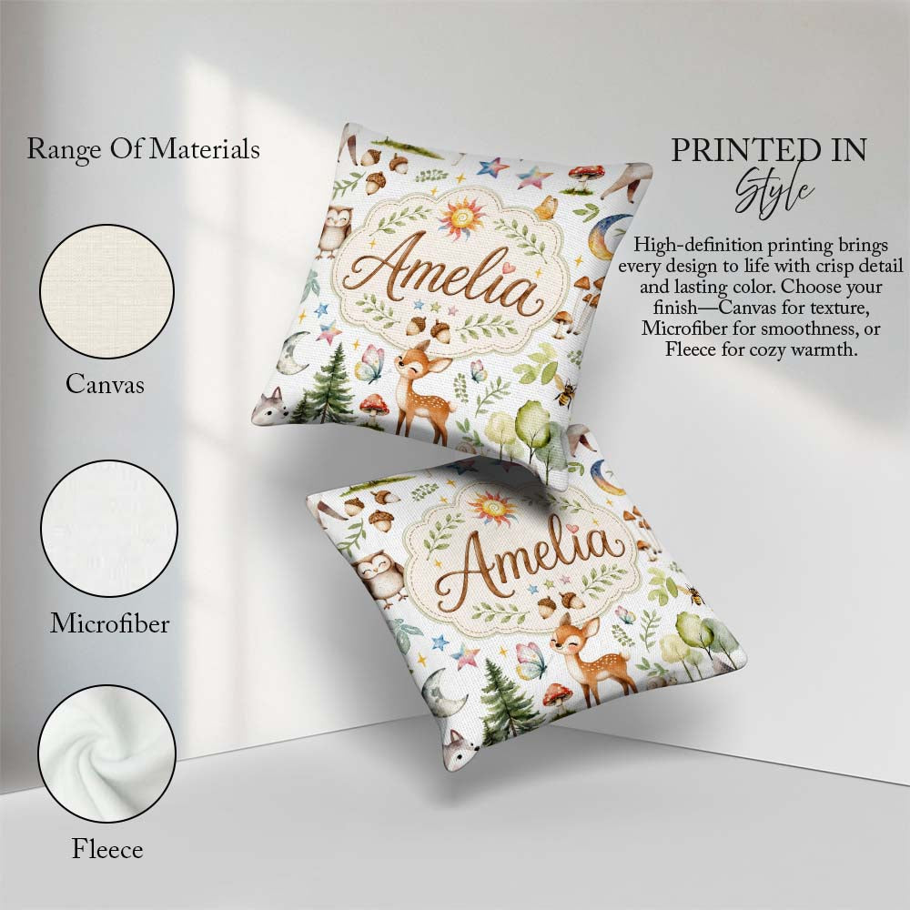 Custom Name Watercolor Animals Deer Owl Mushrooms Stars Seamless Square Filled Cushion Throw Pillow Sofa Bed Home Decor Zip Washable UK Made
