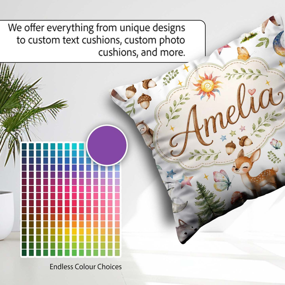 Custom Name Watercolor Animals Deer Owl Mushrooms Stars Seamless Square Filled Cushion Throw Pillow Sofa Bed Home Decor Zip Washable UK Made