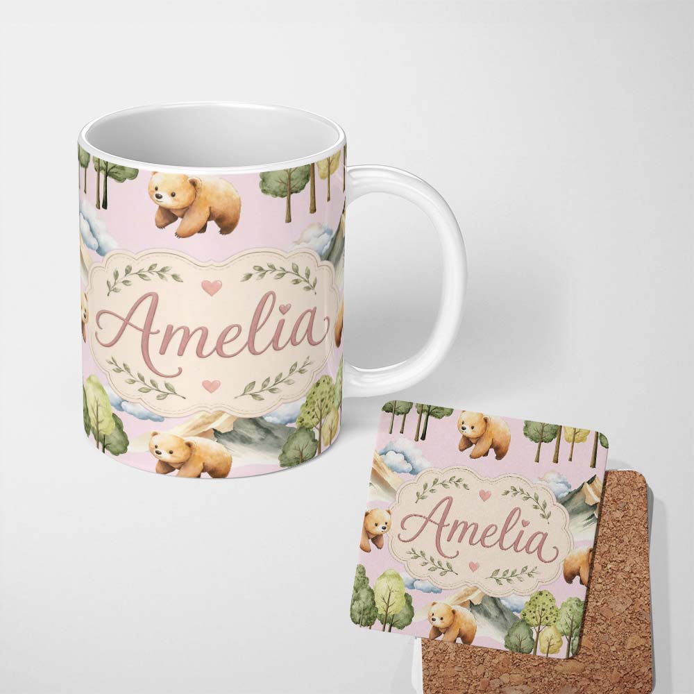 Personalized Custom Name Watercolor Woodland Bears Trees Mountains Seamless Pattern Pink 11oz Ceramic Coffee Tea Mug White Large Handle