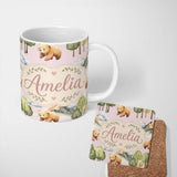 Personalized Custom Name Watercolor Woodland Bears Trees Mountains Seamless Pattern Pink 11oz Ceramic Coffee Tea Mug White Large Handle