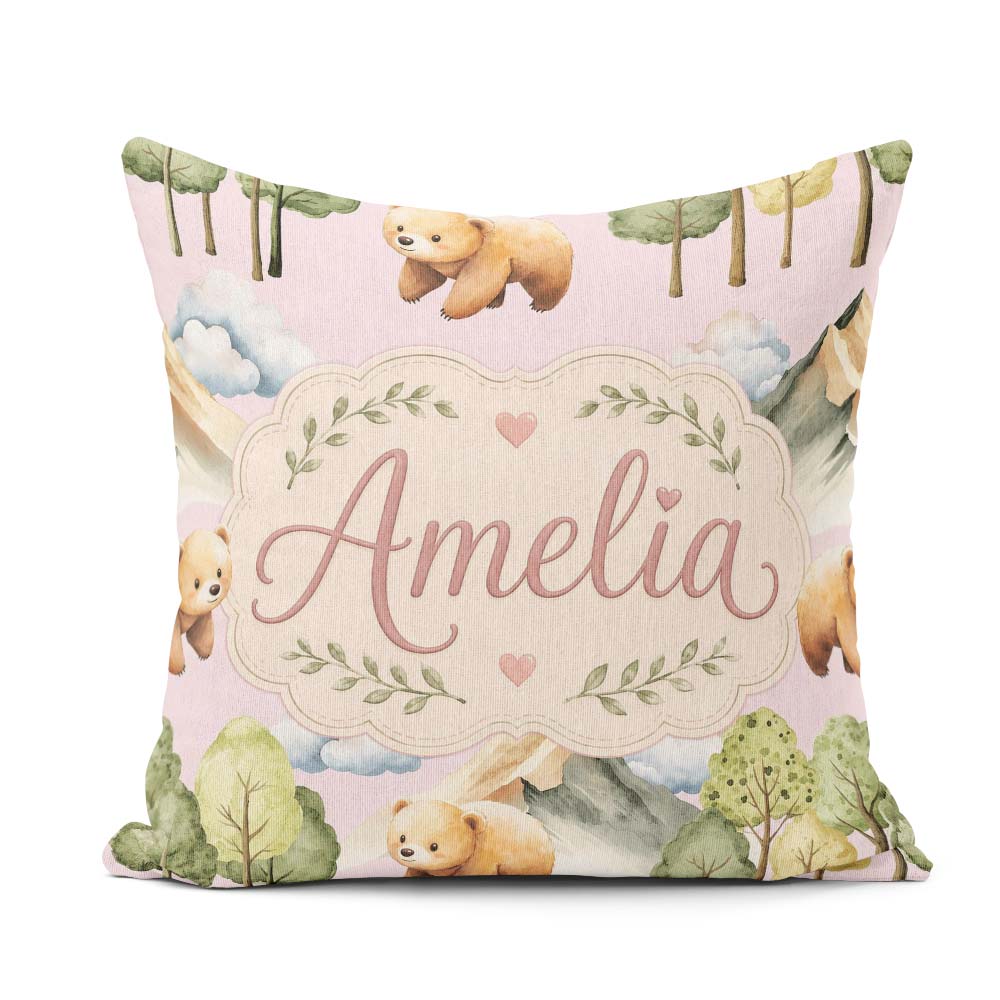 Custom Name Woodland Bears Trees Mountains Seamless Pattern Pink Square Filled Cushion Throw Pillow Sofa Bed Home Decor Zip Washable UK Made