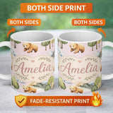 Personalized Custom Name Watercolor Woodland Bears Trees Mountains Seamless Pattern Pink 11oz Ceramic Coffee Tea Mug White Large Handle