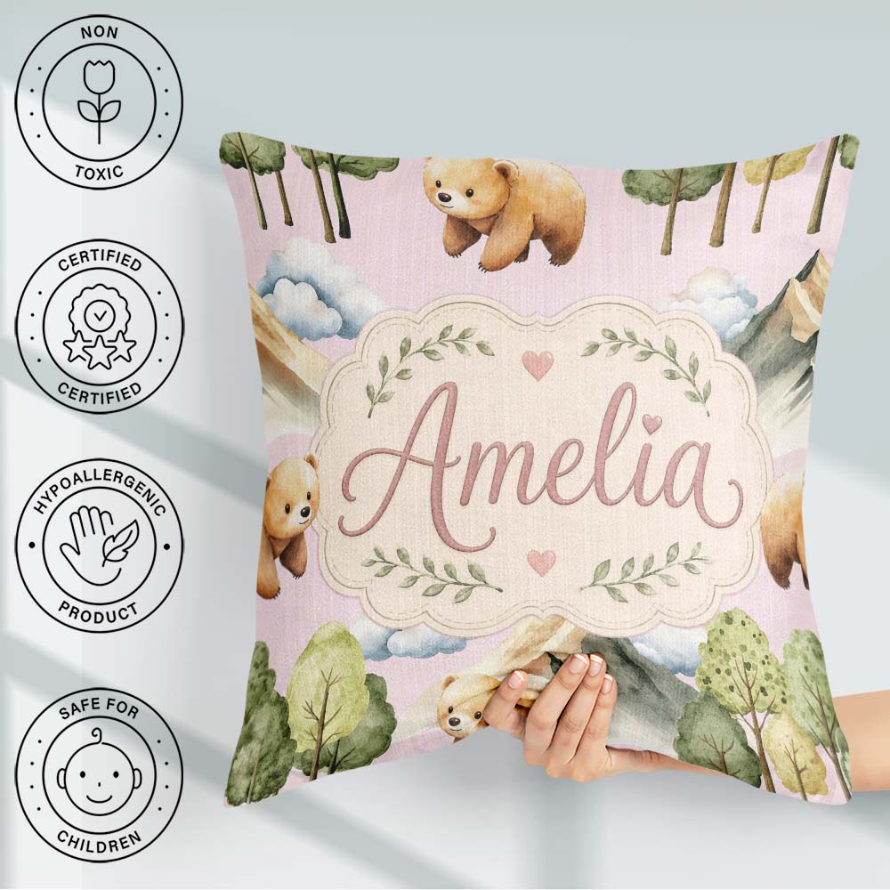 Custom Name Woodland Bears Trees Mountains Seamless Pattern Pink Square Filled Cushion Throw Pillow Sofa Bed Home Decor Zip Washable UK Made