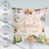 Custom Name Woodland Bears Trees Mountains Seamless Pattern Pink Square Filled Cushion Throw Pillow Sofa Bed Home Decor Zip Washable UK Made