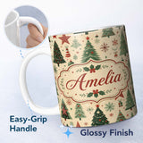 Personalized Custom Name Christmas Trees Stars Snowflakes Holiday Seamless Pattern Lovely 11oz Ceramic Coffee Tea Mug White Large Handle