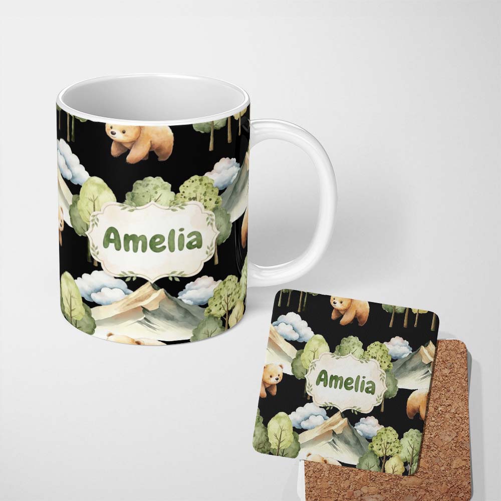 Personalized Custom Name Watercolor Woodland Bear Trees Mountains Seamless Pattern Black 11oz Ceramic Coffee Tea Mug White Large Handle