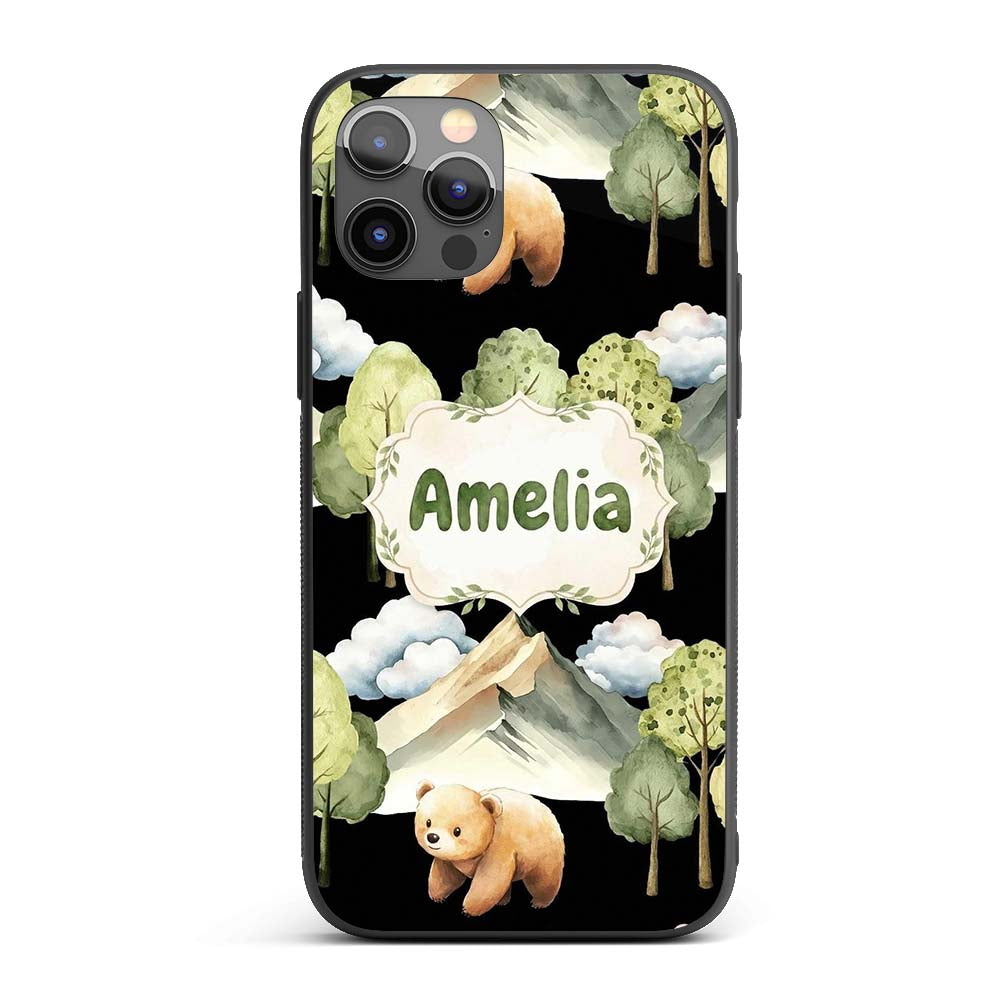 Watercolor Woodland Bear Trees Mountains Seamless Custom Name Protective Phone Case Mobile Cover Durable Everyday Smartphone Shock Resistant