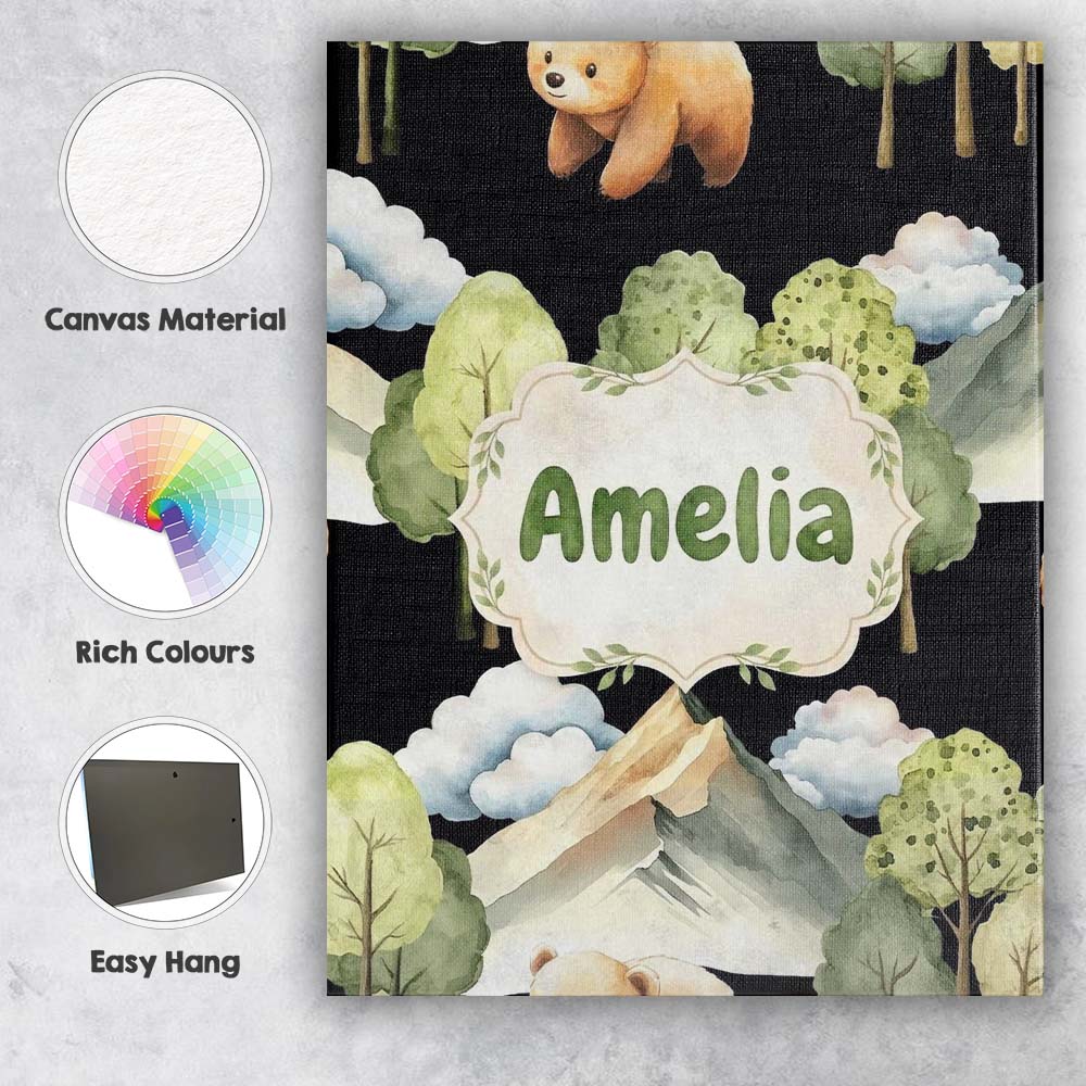 Personalised Name Watercolor Woodland Bear Custom  Unique Gift Idea Elegant Feature Canvas Wall Art Print Decor Picture Ready to Hang