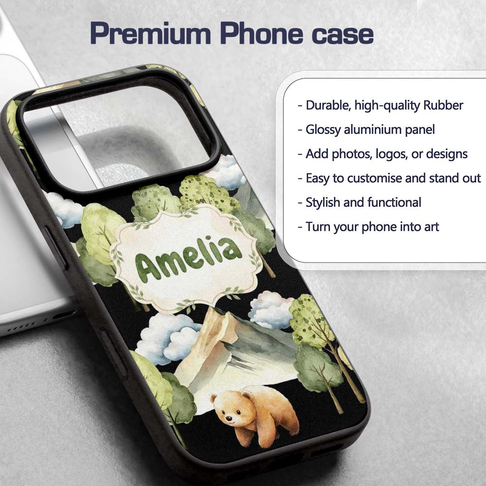 Watercolor Woodland Bear Trees Mountains Seamless Custom Name Protective Phone Case Mobile Cover Durable Everyday Smartphone Shock Resistant