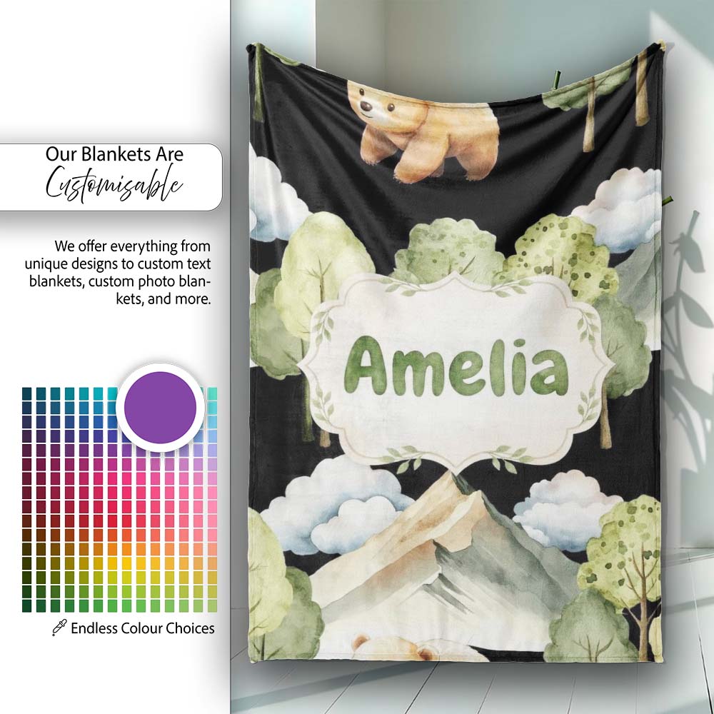 Watercolor Woodland Bear Trees Mountains Seamless Pattern Black  Personalised Custom Name Super Soft Fleece Blanket Bed Sofa Throw