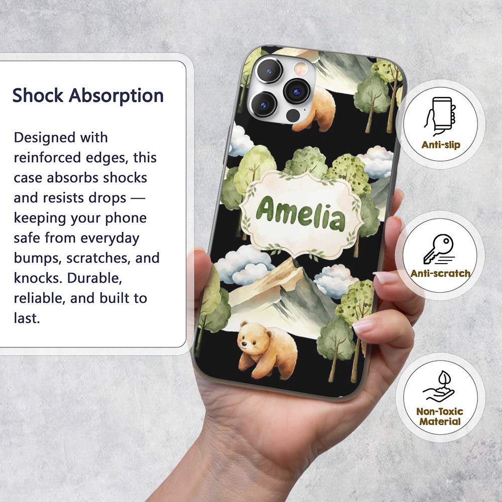 Watercolor Woodland Bear Trees Mountains Seamless Custom Name Protective Phone Case Mobile Cover Durable Everyday Smartphone Shock Resistant