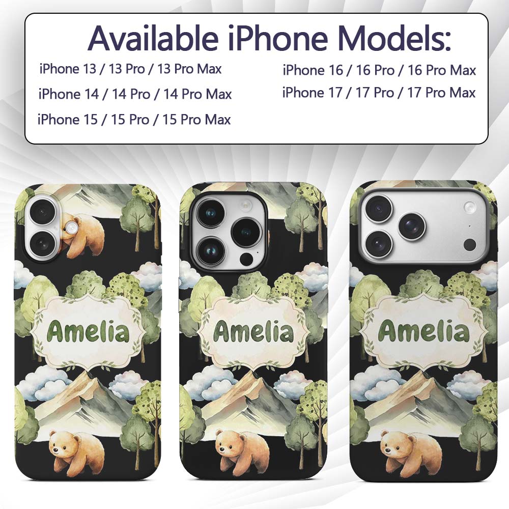 Watercolor Woodland Bear Trees Mountains Seamless Custom Name Protective Phone Case Mobile Cover Durable Everyday Smartphone Shock Resistant