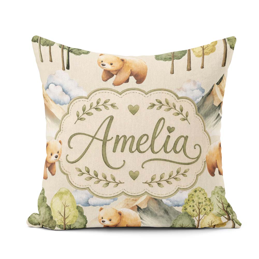 Custom Name Watercolor Woodland Bear Trees Seamless Pattern Soft Square Filled Cushion Throw Pillow Sofa Bed Home Decor Zip Washable UK Made
