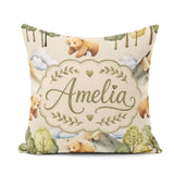 Custom Name Watercolor Woodland Bear Trees Seamless Pattern Soft Square Filled Cushion Throw Pillow Sofa Bed Home Decor Zip Washable UK Made