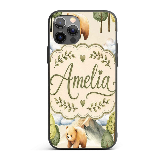 Watercolor Woodland Bear Trees Mountains Seamless Custom Name Protective Phone Case Mobile Cover Durable Everyday Smartphone Shock Resistant