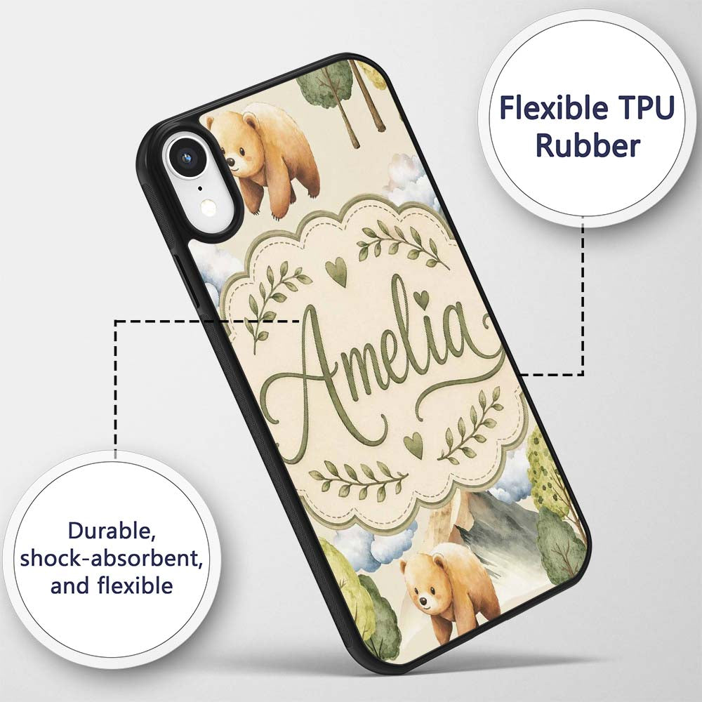 Watercolor Woodland Bear Trees Mountains Seamless Custom Name Protective Phone Case Mobile Cover Durable Everyday Smartphone Shock Resistant