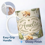 Personalized Custom Name Watercolor Woodland Bear Trees Mountains Seamless Pattern Soft 11oz Ceramic Coffee Tea Mug White Large Handle