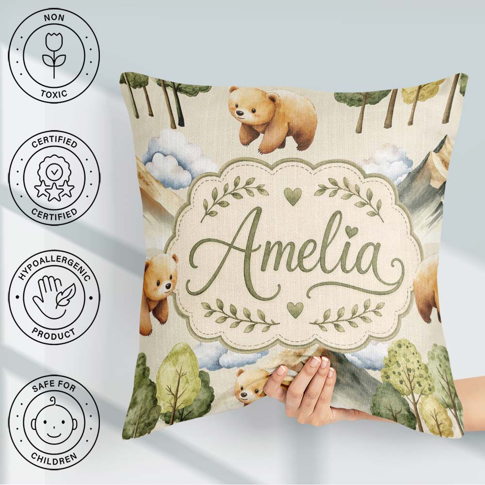 Custom Name Watercolor Woodland Bear Trees Seamless Pattern Soft Square Filled Cushion Throw Pillow Sofa Bed Home Decor Zip Washable UK Made
