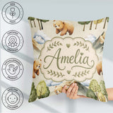 Custom Name Watercolor Woodland Bear Trees Seamless Pattern Soft Square Filled Cushion Throw Pillow Sofa Bed Home Decor Zip Washable UK Made