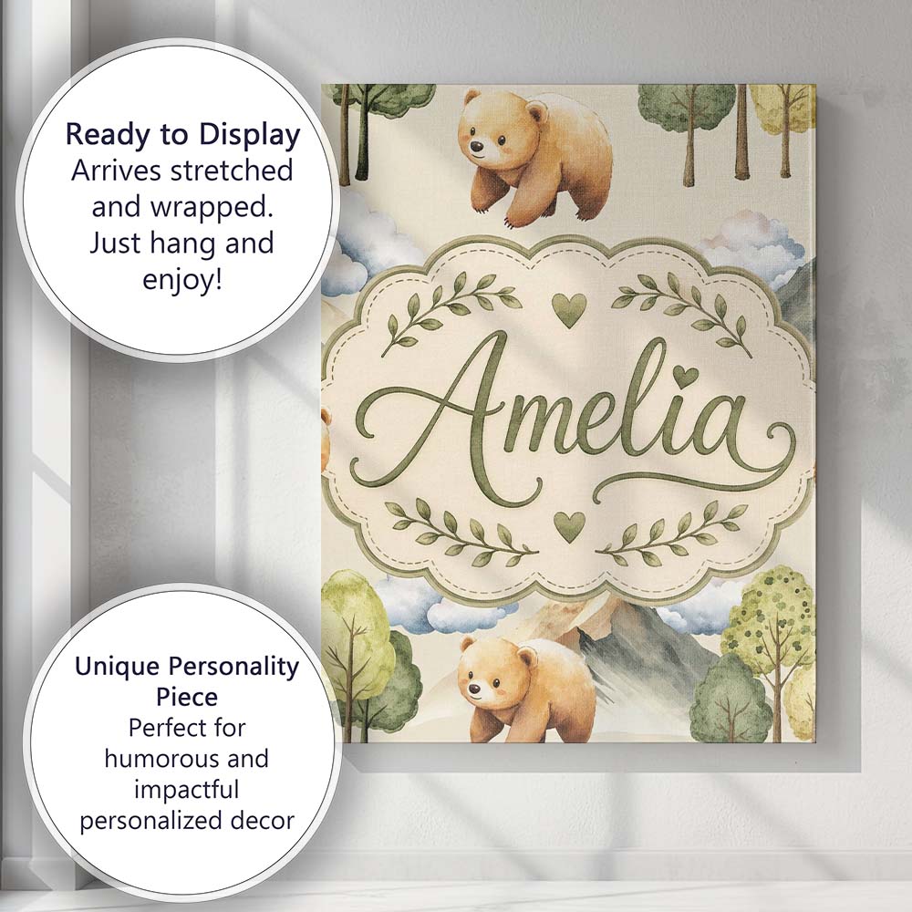 Personalised Name Watercolor Woodland Bear Custom  Unique Gift Idea Elegant Feature Canvas Wall Art Print Decor Picture Ready to Hang