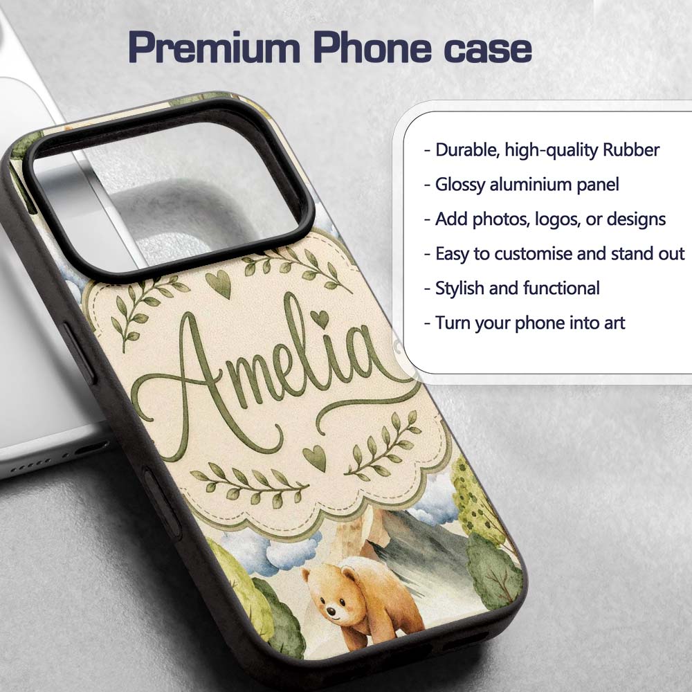 Watercolor Woodland Bear Trees Mountains Seamless Custom Name Protective Phone Case Mobile Cover Durable Everyday Smartphone Shock Resistant