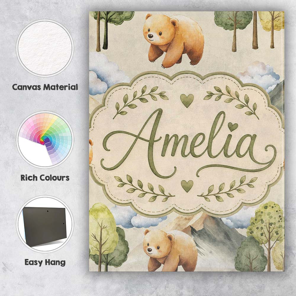 Personalised Name Watercolor Woodland Bear Custom  Unique Gift Idea Elegant Feature Canvas Wall Art Print Decor Picture Ready to Hang