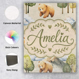 Personalised Name Watercolor Woodland Bear Custom  Unique Gift Idea Elegant Feature Canvas Wall Art Print Decor Picture Ready to Hang