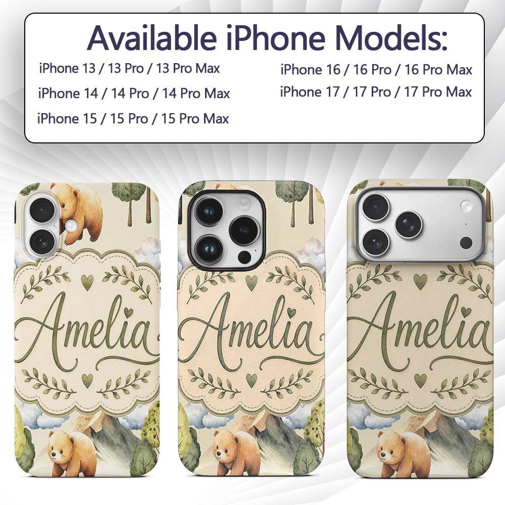 Watercolor Woodland Bear Trees Mountains Seamless Custom Name Protective Phone Case Mobile Cover Durable Everyday Smartphone Shock Resistant