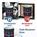 Personalized Custom Name Blue Red Christmas Reindeer Snowflake Knit Seamless Pattern Lovely 11oz Ceramic Coffee Tea Mug White Large Handle
