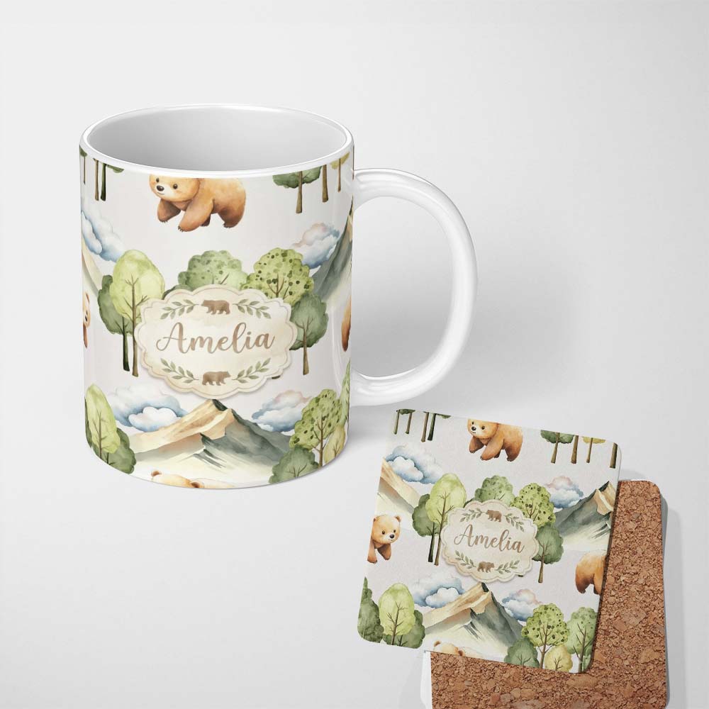 Personalized Custom Name Watercolor Woodland Bear Trees Mountains Seamless Pattern Light 11oz Ceramic Coffee Tea Mug White Large Handle