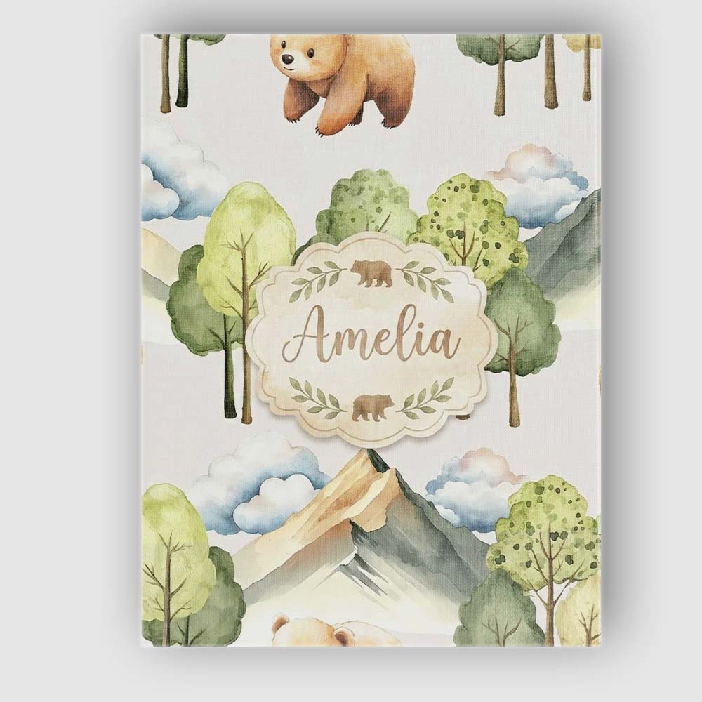 Personalised Name Watercolor Woodland Bear Custom  Unique Gift Idea Elegant Feature Canvas Wall Art Print Decor Picture Ready to Hang