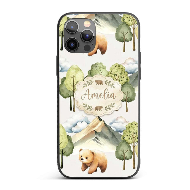 Watercolor Woodland Bear Trees Mountains Seamless Custom Name Protective Phone Case Mobile Cover Durable Everyday Smartphone Shock Resistant
