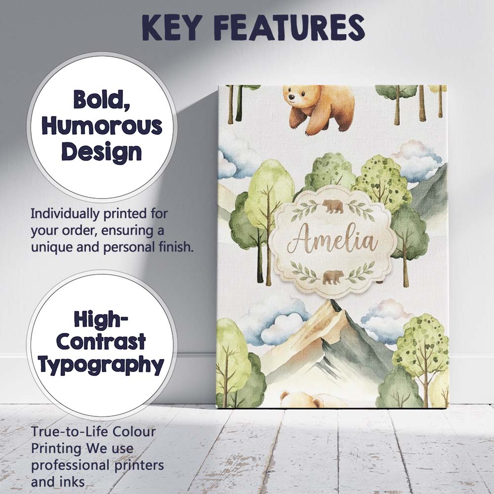 Personalised Name Watercolor Woodland Bear Custom  Unique Gift Idea Elegant Feature Canvas Wall Art Print Decor Picture Ready to Hang
