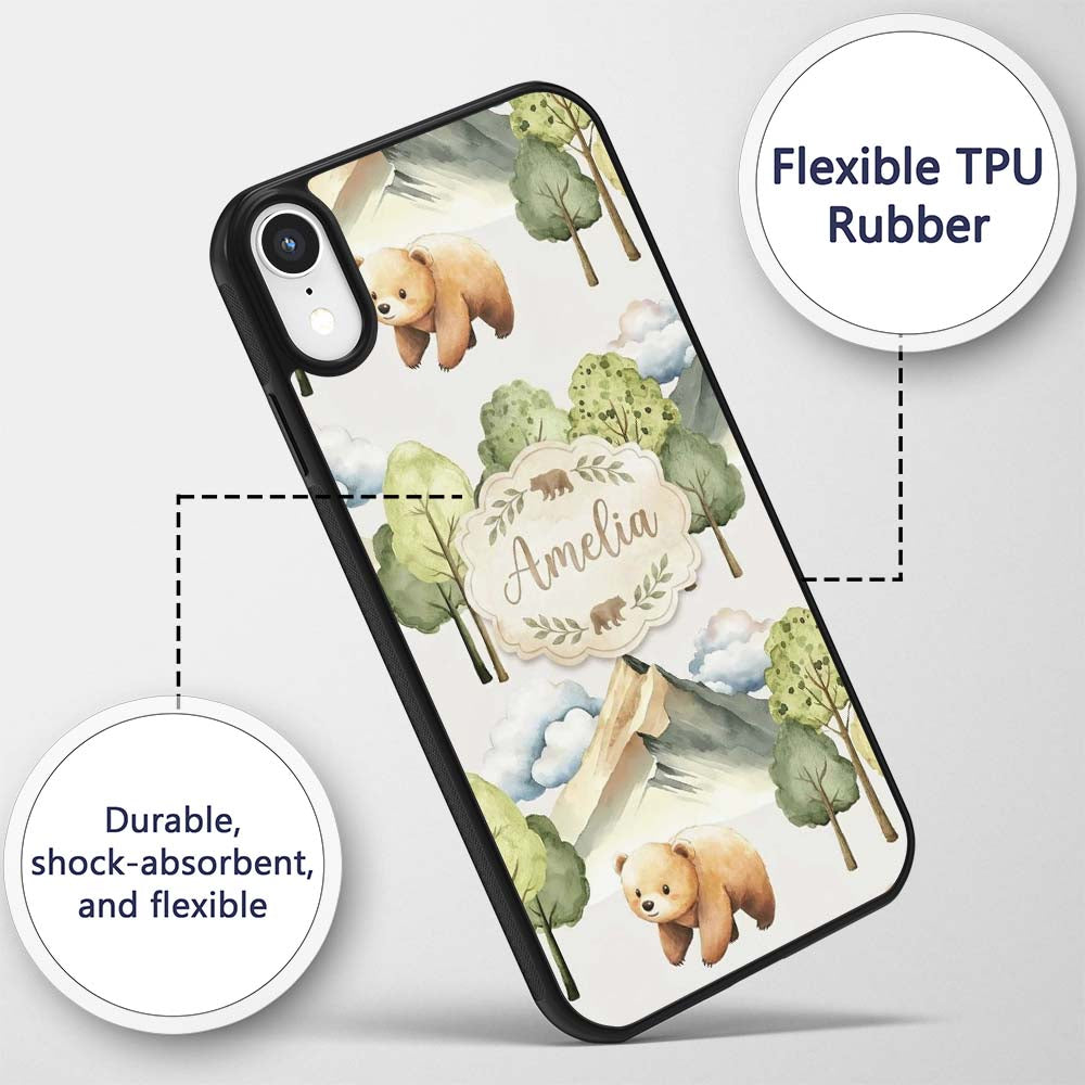 Watercolor Woodland Bear Trees Mountains Seamless Custom Name Protective Phone Case Mobile Cover Durable Everyday Smartphone Shock Resistant