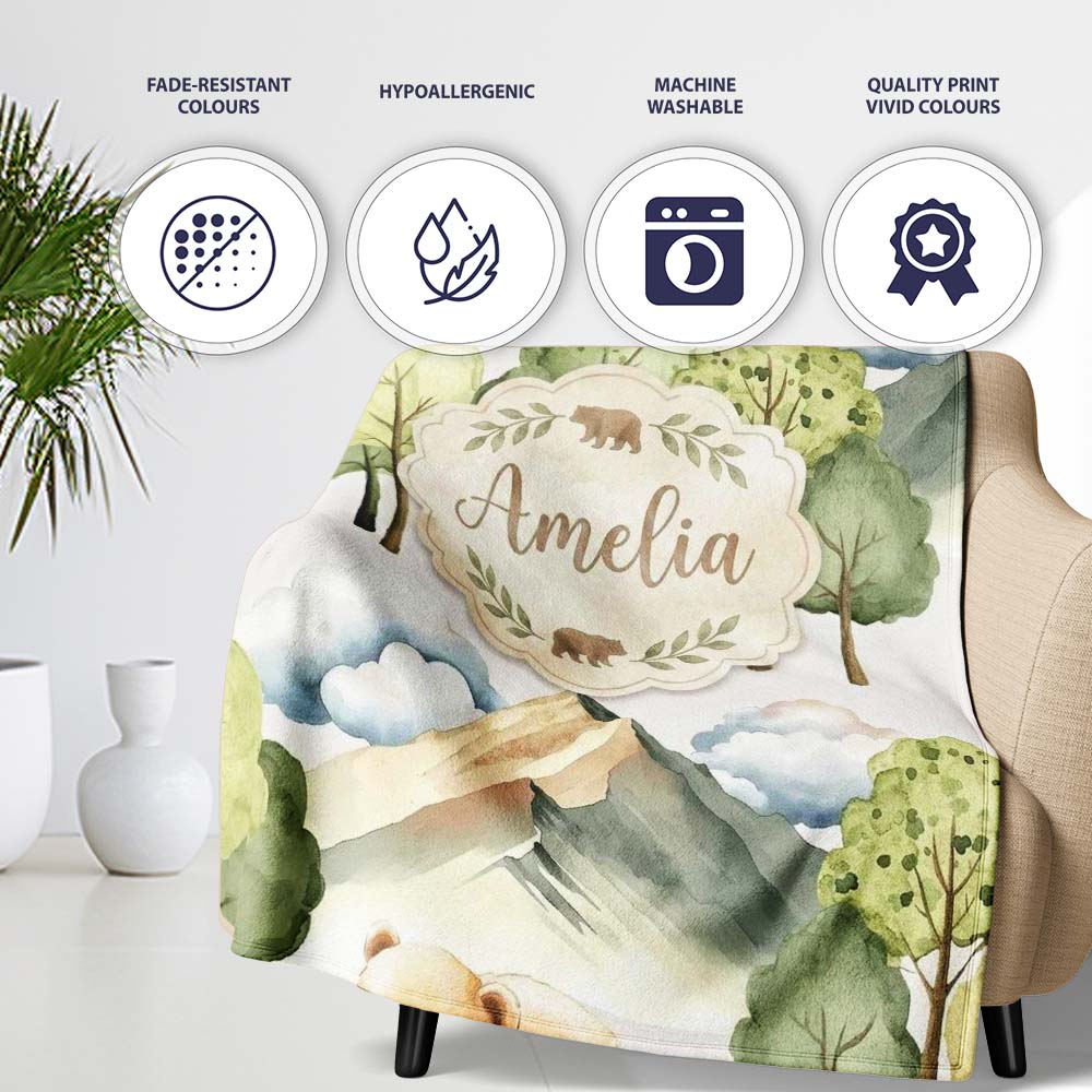 Watercolor Woodland Bear Trees Mountains Seamless Pattern Light  Personalised Custom Name Super Soft Fleece Blanket Bed Sofa Throw
