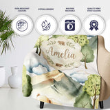 Watercolor Woodland Bear Trees Mountains Seamless Pattern Light  Personalised Custom Name Super Soft Fleece Blanket Bed Sofa Throw