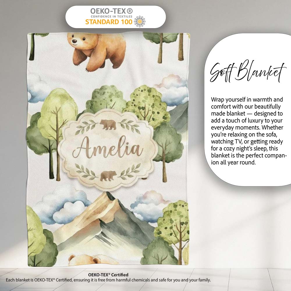 Watercolor Woodland Bear Trees Mountains Seamless Pattern Light  Personalised Custom Name Super Soft Fleece Blanket Bed Sofa Throw
